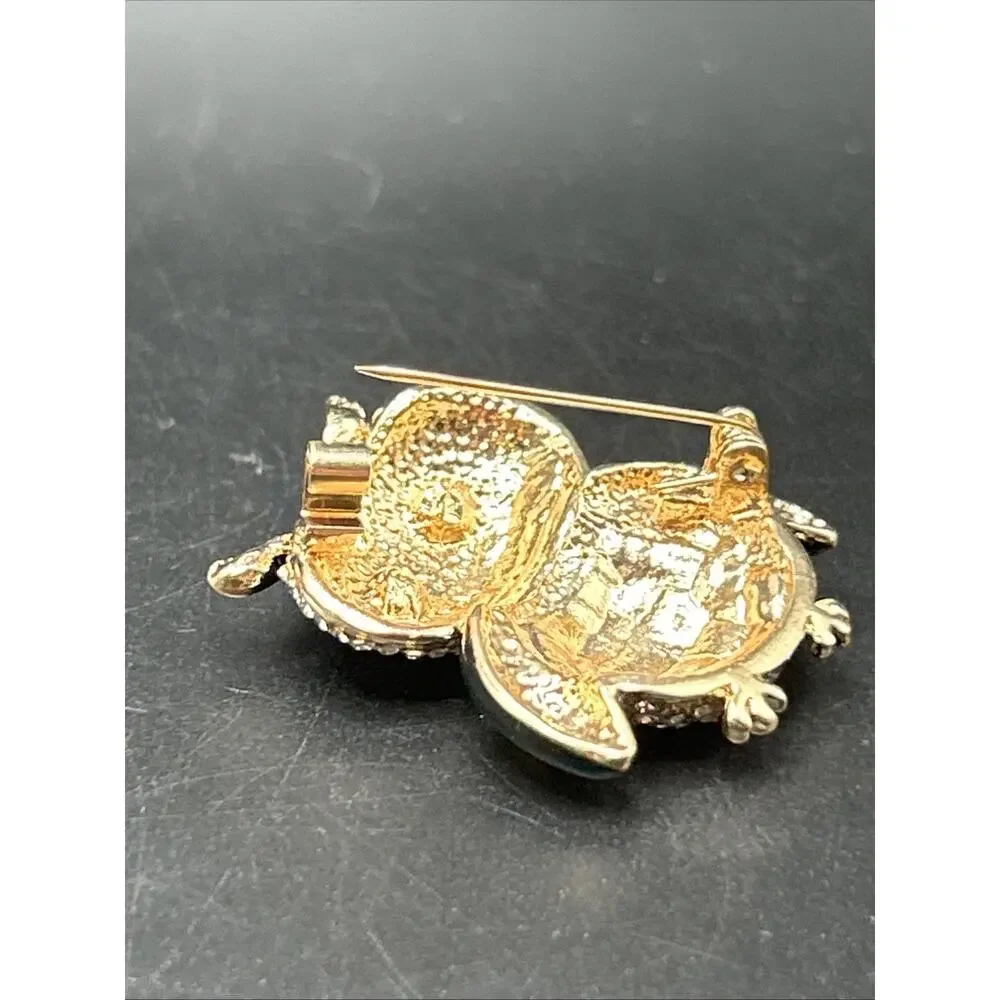 Modern Owl Bird Pin Brooch Gold tone 1 1/2” Pave Rhinestone And Enamel